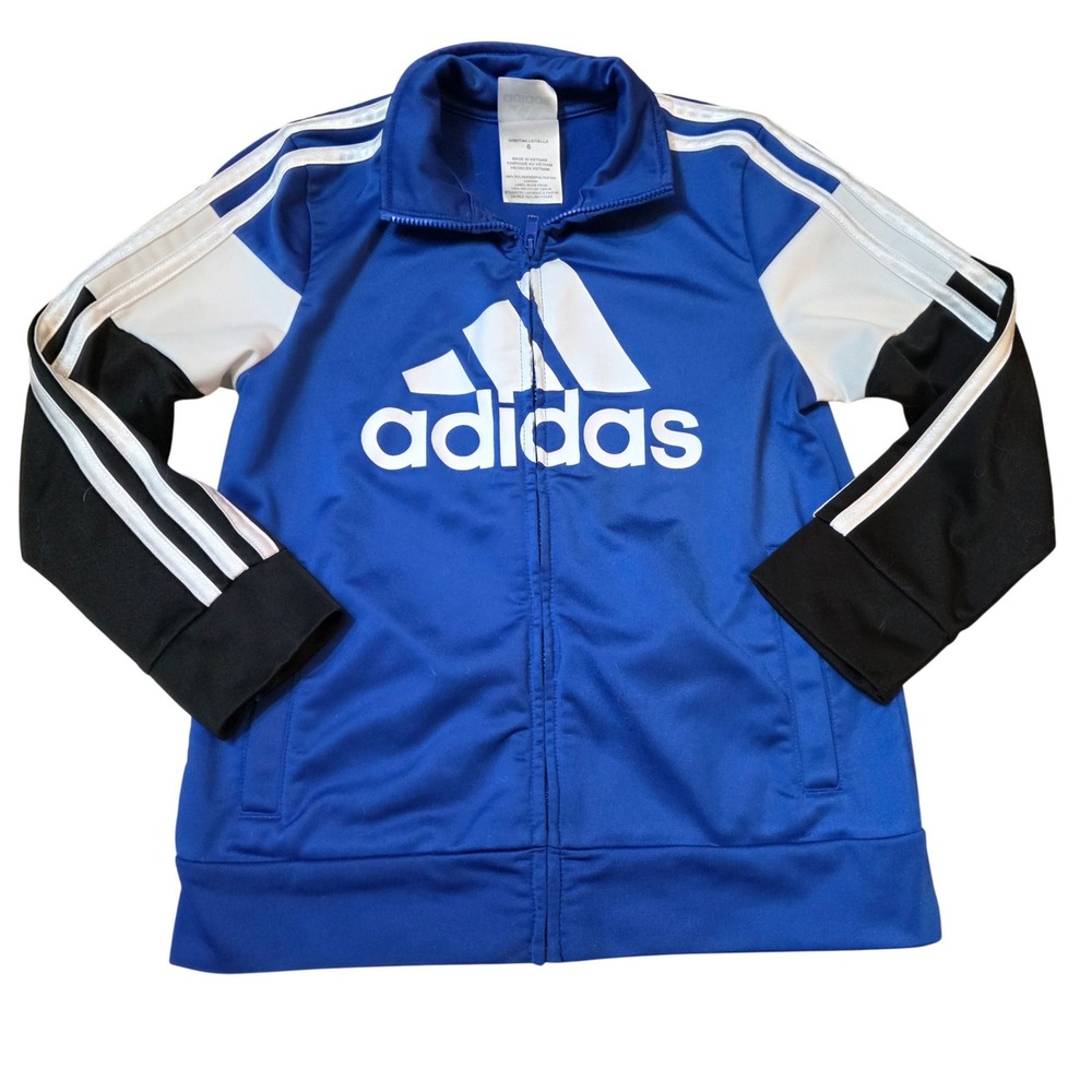 Adidas Boys Track Jacket Full Zip Blue White Black Size 6 Athletic‎ Top